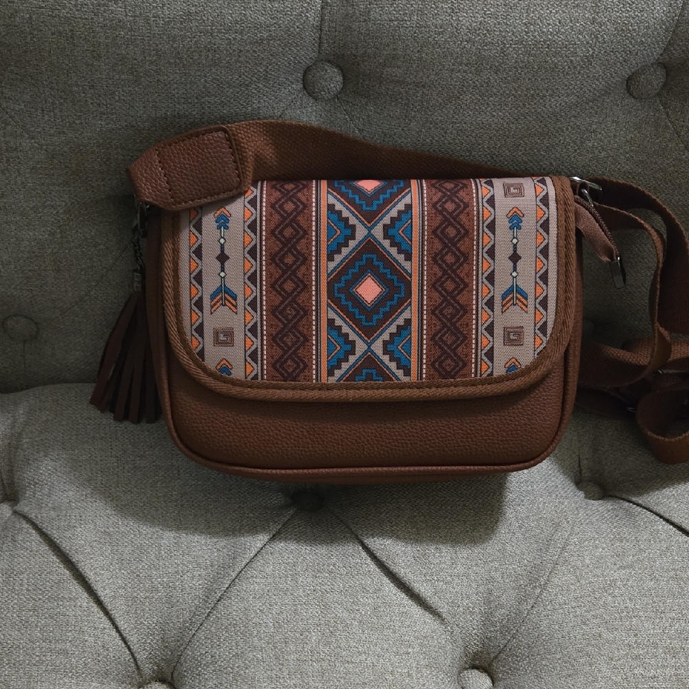 Brown Patterned Crossbody Bag And Wallet